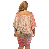 Hawaiian Turtles and Leis Family Matching Off Shoulder Short Dress and Hawaiian Shirt Tribal Kakau Pattern Peach Fuzz Color