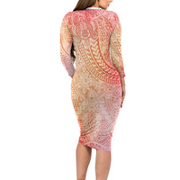 Hawaiian Turtles and Leis Long Sleeve Bodycon Dress Tribal Kakau Pattern Peach Fuzz Color