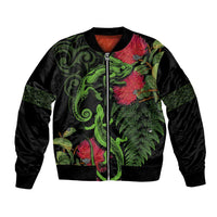 New Zealand Chameleon and Gecko Bomber Jacket Maori Silver Fern and Pohutukawa Decoration LT03 Unisex Green - Polynesian Pride