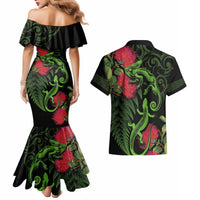 New Zealand Chameleon and Gecko Couples Matching Mermaid Dress and Hawaiian Shirt Maori Silver Fern and Pohutukawa Decoration LT03 - Polynesian Pride