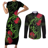 New Zealand Chameleon and Gecko Couples Matching Short Sleeve Bodycon Dress and Long Sleeve Button Shirt Maori Silver Fern and Pohutukawa Decoration LT03 Green - Polynesian Pride