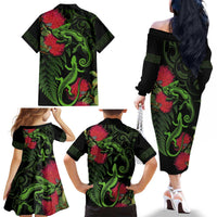 New Zealand Chameleon and Gecko Family Matching Off The Shoulder Long Sleeve Dress and Hawaiian Shirt Maori Silver Fern and Pohutukawa Decoration LT03 - Polynesian Pride