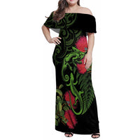 New Zealand Chameleon and Gecko Family Matching Off Shoulder Maxi Dress and Hawaiian Shirt Maori Silver Fern and Pohutukawa Decoration LT03 Mom's Dress Green - Polynesian Pride