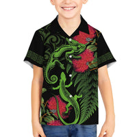 New Zealand Chameleon and Gecko Family Matching Off Shoulder Short Dress and Hawaiian Shirt Maori Silver Fern and Pohutukawa Decoration LT03 Son's Shirt Green - Polynesian Pride