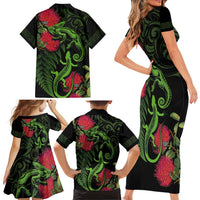 New Zealand Chameleon and Gecko Family Matching Short Sleeve Bodycon Dress and Hawaiian Shirt Maori Silver Fern and Pohutukawa Decoration LT03 - Polynesian Pride