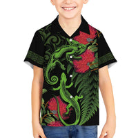 New Zealand Chameleon and Gecko Kid Hawaiian Shirt Maori Silver Fern and Pohutukawa Decoration LT03 Kid Green - Polynesian Pride