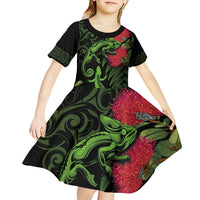 New Zealand Chameleon and Gecko Kid Short Sleeve Dress Maori Silver Fern and Pohutukawa Decoration LT03 - Polynesian Pride