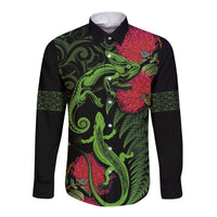 New Zealand Chameleon and Gecko Long Sleeve Button Shirt Maori Silver Fern and Pohutukawa Decoration LT03 Unisex Green - Polynesian Pride