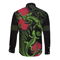 New Zealand Chameleon and Gecko Long Sleeve Button Shirt Maori Silver Fern and Pohutukawa Decoration LT03 - Polynesian Pride
