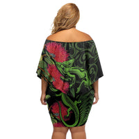 New Zealand Chameleon and Gecko Off Shoulder Short Dress Maori Silver Fern and Pohutukawa Decoration LT03 - Polynesian Pride