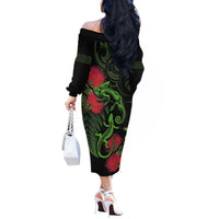 New Zealand Chameleon and Gecko Off The Shoulder Long Sleeve Dress Maori Silver Fern and Pohutukawa Decoration LT03 - Polynesian Pride