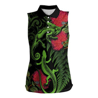 New Zealand Chameleon and Gecko Women Sleeveless Polo Shirt Maori Silver Fern and Pohutukawa Decoration LT03 Female Green - Polynesian Pride