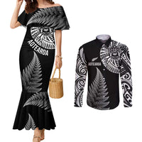 Personalised New Zealand Maori Art Tattoo and Silver Fern Couples Matching Mermaid Dress and Long Sleeve Button Shirt LT03 Black - Polynesian Pride