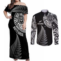 Personalised New Zealand Maori Art Tattoo and Silver Fern Couples Matching Off Shoulder Maxi Dress and Long Sleeve Button Shirt LT03 Black - Polynesian Pride