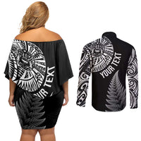 Personalised New Zealand Maori Art Tattoo and Silver Fern Couples Matching Off Shoulder Short Dress and Long Sleeve Button Shirt LT03 - Polynesian Pride