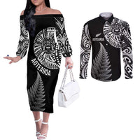 Personalised New Zealand Maori Art Tattoo and Silver Fern Couples Matching Off The Shoulder Long Sleeve Dress and Long Sleeve Button Shirt LT03 Black - Polynesian Pride