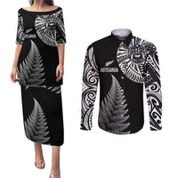Personalised New Zealand Maori Art Tattoo and Silver Fern Couples Matching Puletasi and Long Sleeve Button Shirt LT03 Black - Polynesian Pride