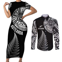 Personalised New Zealand Maori Art Tattoo and Silver Fern Couples Matching Short Sleeve Bodycon Dress and Long Sleeve Button Shirt LT03 Black - Polynesian Pride