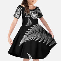 Personalised New Zealand Maori Art Tattoo and Silver Fern Kid Short Sleeve Dress LT03 KID Black - Polynesian Pride