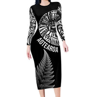 Personalised New Zealand Maori Art Tattoo and Silver Fern Long Sleeve Bodycon Dress LT03 Long Dress Black - Polynesian Pride