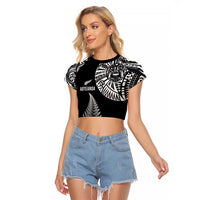 Personalised New Zealand Maori Art Tattoo and Silver Fern Raglan Cropped T Shirt LT03 Female Black - Polynesian Pride
