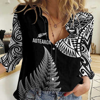 Personalised New Zealand Maori Art Tattoo and Silver Fern Women Casual Shirt LT03 Female Black - Polynesian Pride