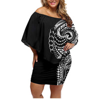 Polynesian Art Traditional Tattoo Family Matching Off Shoulder Short Dress and Hawaiian Shirt Simple Style LT03 Mom's Dress Black - Polynesian Pride