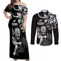 New Zealand Maori Warrior Rugby Couples Matching Off Shoulder Maxi Dress and Long Sleeve Button Shirt Silver Fern LT03 Black - Polynesian Pride