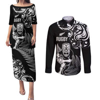 New Zealand Maori Warrior Rugby Couples Matching Puletasi and Long Sleeve Button Shirt Silver Fern LT03 Black - Polynesian Pride