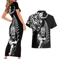 New Zealand Maori Warrior Rugby Couples Matching Short Sleeve Bodycon Dress and Hawaiian Shirt Silver Fern LT03 - Polynesian Pride
