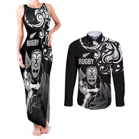 New Zealand Maori Warrior Rugby Couples Matching Tank Maxi Dress and Long Sleeve Button Shirt Silver Fern LT03 Black - Polynesian Pride