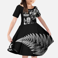New Zealand Maori Warrior Rugby Family Matching Long Sleeve Bodycon Dress and Hawaiian Shirt Silver Fern LT03 Daughter's Dress Black - Polynesian Pride