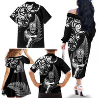 New Zealand Maori Warrior Rugby Family Matching Off The Shoulder Long Sleeve Dress and Hawaiian Shirt Silver Fern LT03 - Polynesian Pride