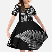 New Zealand Maori Warrior Rugby Family Matching Off Shoulder Maxi Dress and Hawaiian Shirt Silver Fern LT03 Daughter's Dress Black - Polynesian Pride