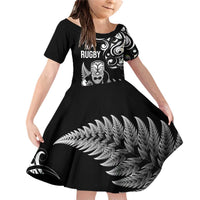 New Zealand Maori Warrior Rugby Family Matching Off Shoulder Short Dress and Hawaiian Shirt Silver Fern LT03 Daughter's Dress Black - Polynesian Pride