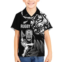 New Zealand Maori Warrior Rugby Family Matching Short Sleeve Bodycon Dress and Hawaiian Shirt Silver Fern LT03 Son's Shirt Black - Polynesian Pride