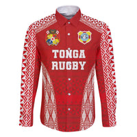 Custom Tonga Pacific Rugby 2024 Family Matching Off The Shoulder Long Sleeve Dress and Hawaiian Shirt Ngatu Tribal Pattern LT03 Dad's Shirt - Long Sleeve Red - Polynesian Pride