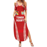 Custom Tonga Pacific Rugby 2024 Family Matching Summer Maxi Dress and Hawaiian Shirt Ngatu Tribal Pattern LT03 Mom's Dress Red - Polynesian Pride