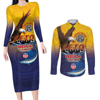 American Samoa Fautasi Couples Matching Long Sleeve Bodycon Dress and Long Sleeve Button Shirt Bald Eage and Sailfish with Kakau Motifs LT03 Yellow - Polynesian Pride