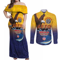American Samoa Fautasi Couples Matching Off Shoulder Maxi Dress and Long Sleeve Button Shirt Bald Eage and Sailfish with Kakau Motifs LT03 Yellow - Polynesian Pride