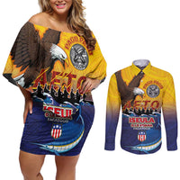 American Samoa Fautasi Couples Matching Off Shoulder Short Dress and Long Sleeve Button Shirt Bald Eage and Sailfish with Kakau Motifs LT03 Yellow - Polynesian Pride