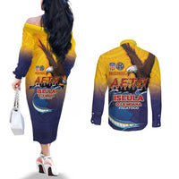 American Samoa Fautasi Couples Matching Off The Shoulder Long Sleeve Dress and Long Sleeve Button Shirt Bald Eage and Sailfish with Kakau Motifs LT03 - Polynesian Pride