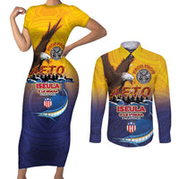 American Samoa Fautasi Couples Matching Short Sleeve Bodycon Dress and Long Sleeve Button Shirt Bald Eage and Sailfish with Kakau Motifs LT03 Yellow - Polynesian Pride