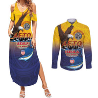 American Samoa Fautasi Couples Matching Summer Maxi Dress and Long Sleeve Button Shirt Bald Eage and Sailfish with Kakau Motifs LT03 Yellow - Polynesian Pride