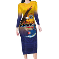 American Samoa Fautasi Family Matching Long Sleeve Bodycon Dress and Hawaiian Shirt Bald Eage and Sailfish with Kakau Motifs LT03 Mom's Dress Yellow - Polynesian Pride