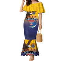 American Samoa Fautasi Family Matching Mermaid Dress and Hawaiian Shirt Bald Eage and Sailfish with Kakau Motifs LT03 Mom's Dress Yellow - Polynesian Pride