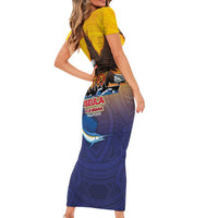 American Samoa Fautasi Short Sleeve Bodycon Dress Bald Eage and Sailfish with Kakau Motifs LT03 - Polynesian Pride