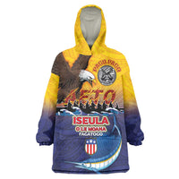American Samoa Fautasi Wearable Blanket Hoodie Bald Eage and Sailfish with Kakau Motifs LT03 One Size Yellow - Polynesian Pride