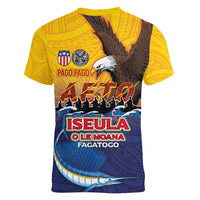 American Samoa Fautasi Women V-Neck T-Shirt Bald Eage and Sailfish with Kakau Motifs LT03 - Polynesian Pride