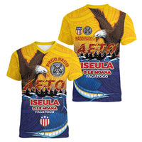 American Samoa Fautasi Women V-Neck T-Shirt Bald Eage and Sailfish with Kakau Motifs LT03 - Polynesian Pride